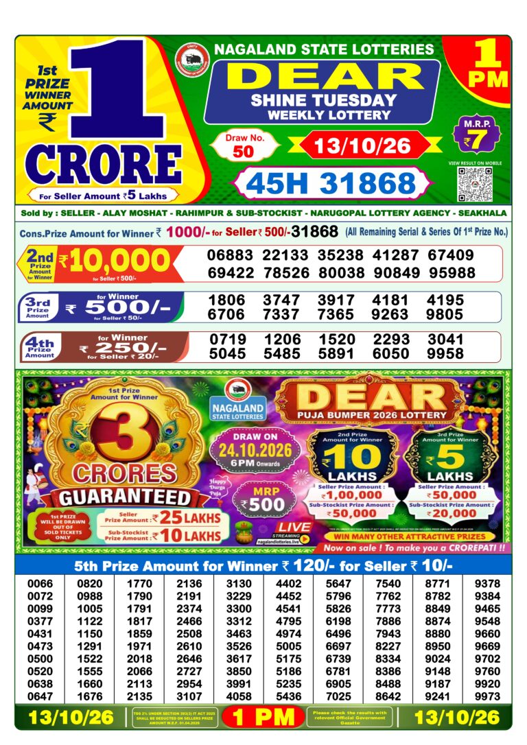 Nagaland State Lottery Dear 1pm Result 13.10.2026